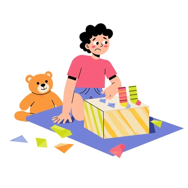 A young child with curly brown hair is sitting on a colorful rug, surrounded by crumpled wrapping paper. The child is wearing a bright red t-shirt and denim shorts. In front of them is an open gift box with a cheerful pattern. Inside the box are a pair of striped socks in various colors. The child has a furrowed brow and downturned mouth, displaying a look of disappointment as they gaze at the socks. A nearby stuffed animal, a teddy bear, watches the scene, adding to the atmosphere of the moment.