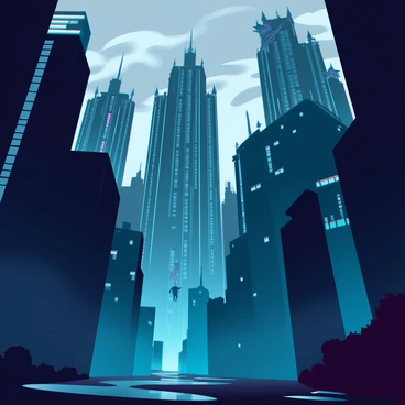 A dark, looming cityscape reminiscent of Gotham, featuring towering skyscrapers with sharp angles and glass surfaces that reflect the dim moonlight. The buildings are adorned with intricate details, such as gargoyles and neon light accents. Beneath the skyscrapers, narrow, shadowy alleys wind between the structures, filled with thick fog and a few scattered puddles reflecting the faint light. The atmosphere is tense, with distant silhouettes of figures in the alleys, and the overall color palette dominated by deep blues and blacks. The sky above is overcast, adding to the sense of mystery and foreboding.