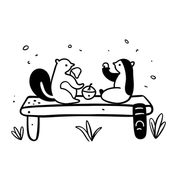 Two chipmunks sitting on a wooden picnic table, each holding a small piece of food. One chipmunk is reaching for a piece of an apple while the other is nibbling on a sunflower seed. A scattering of crumbs is visible on the table surface. A small, checkered cloth is partially draped over one side of the table. In the background, a few leaves and twigs are scattered around, enhancing the outdoor setting.