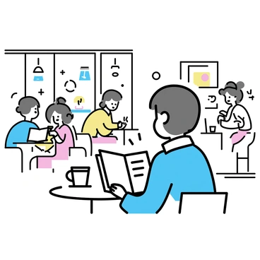 A person sitting at a small wooden table in a busy café. They are holding an open book, focusing intently on the text. The person has short brown hair and is wearing a blue jacket. Surrounding them are several other patrons at nearby tables, some engaged in lively conversation. One person has a laptop open, while another is stirring a cup of coffee. The café has large windows letting in natural light, casting soft shadows across the space. There is a backdrop of colorful café decorations and the faint outline of a barista behind the counter.