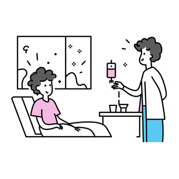 A patient, a young adult with curly black hair, is sitting on a hospital bed in a private room. They are wearing a hospital gown and have an IV line connected to their arm, with a clear blood bag hanging above. The patient has a focused expression, looking at a doctor standing beside them. The doctor, wearing a white coat and gloves, is checking the blood transfusion equipment. The room is softly lit, with a window showing a glimpse of trees outside. A bedside table holds a glass of water and some medical supplies.