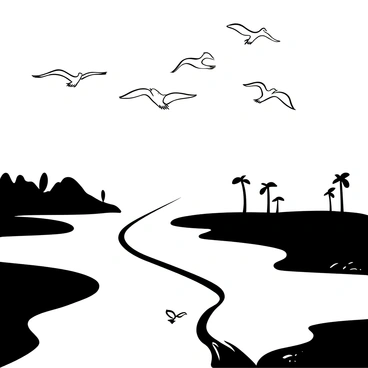 A flock of birds flying in formation above a winding river delta. The river is surrounded by a mix of lush vegetation and wetland areas. The sky is filled with a gradient of soft light as dawn breaks, illuminating the landscape below. The birds are depicted in mid-flight, wings spread wide, creating dynamic movement in the scene. The water of the delta reflects the early light, adding depth to the composition.