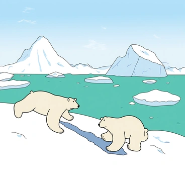 A vast arctic landscape filled with snow and ice. A few large, melting icebergs are floating in the turquoise water, some with small chunks breaking off. In the foreground, two polar bears are engaged in playful behavior, one is sliding down a slick ice slope while the other watches with curiosity. The bears have thick, white fur and bright black eyes. The sky above is clear with a soft gradient of light blue, and a few wispy clouds are scattered throughout. The scene captures the chilly beauty of the arctic with its unique wildlife and ice formations.