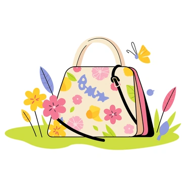 A floral print handbag with vibrant patterns is placed on a patch of soft green grass. Surrounding the handbag are various blooming flowers in shades of pink, yellow, and purple, creating a colorful garden scene. Delicate butterflies are fluttering near the flowers, adding movement to the composition. The sunlight casts gentle shadows on the grass, highlighting the details of the handbag and the petals of the flowers.