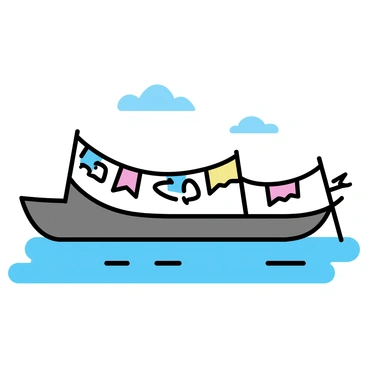 A fishing barge floating on calm water, adorned with "colorful flags" and "banners" for a local fish harvest festival. The barge is made of weathered wood, gently bobbing with the waves. "Vibrant red, blue, and yellow flags" are strung along the sides, and "banners featuring fish designs" hang from the railings. The scene captures the festive atmosphere, with a clear blue sky overhead.