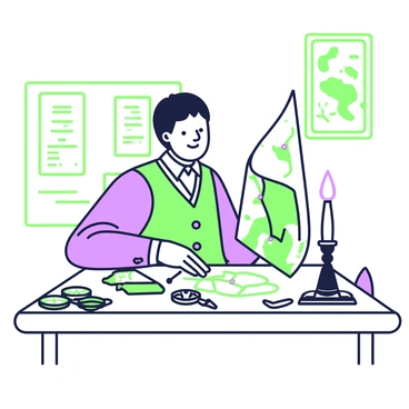 Mier y Teran is seated at a wooden table, closely examining a detailed map of Texas. He is illuminated by the warm glow of a single candle placed in front of him. The candle's flame flickers, casting shadows across the map. Mier y Teran has short, dark hair and is dressed in period-appropriate clothing, featuring a buttoned vest and a long coat. His expression is focused as he traces a route on the map with his finger. Various tools for navigation, such as a compass and a quill, are scattered around the table. The walls surrounding him are adorned with historical documents and framed maps, enhancing the sense of exploration.