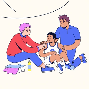 A basketball court with polished wooden flooring. Two trainers, one wearing a red shirt and the other in a blue shirt, are carefully assisting an injured player. The player is sitting on the court floor, wearing a white jersey with a number on it. The trainers have concerned expressions on their faces. One trainer is supporting the player's shoulder, while the other holds the player's leg, providing assistance to help him stand. Nearby, a water bottle and a towel are placed on the court.