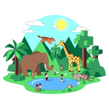 A green blocky zoo filled with various animals made of Minecraft blocks. There is a brown blocky elephant standing near a blue pond, with a blocky palm tree beside it. A yellow blocky giraffe with a long neck is reaching for blocky green leaves from a tree. Nearby, a blocky tiger with orange and black stripes is resting on a blocky rock formation. In the sky above, blocky clouds float around a bright blocky sun. Visitors made of blocky figures are walking along the paths, admiring the blocky animals in their enclosures.