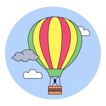 A hot air balloon with a colorful, patterned envelope is floating in a clear blue sky. The balloon has a large round shape, with vibrant stripes of red, yellow, and green. Below the balloon, there is a small basket made of woven wicker. A plume of gray smoke is rising from the burner at the top of the balloon, trailing behind it as it ascends into the sky. The scene captures the peacefulness of the moment, with a few fluffy white clouds scattered in the background.