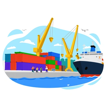 A busy dockyard with several towering cranes lifting colorful cargo containers into the air. The containers are stacked high in neat rows, showcasing a variety of colors such as red, blue, and green. Several large ships are docked at the wharf, their hulls gleaming in the sunlight and displaying vibrant company logos. Workers in safety vests are seen moving around, coordinating the loading and unloading of goods. The scene conveys a sense of industrious activity, with seagulls flying overhead and the water gently lapping against the dock.