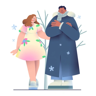 A person with long, wavy brown hair is wearing a light summery dress featuring floral patterns. The dress has short sleeves and a flowing skirt that reaches just above the knees. Standing next to this person is another individual with short black hair, bundled in a thick winter coat with a high collar and a fur-lined hood. The coat is dark blue, and they are wearing a gray knitted scarf wrapped around their neck. Snowflakes are gently falling around them, contrasting the warmer attire of the first person. In the background, there are trees with bare branches, hinting at the winter season.