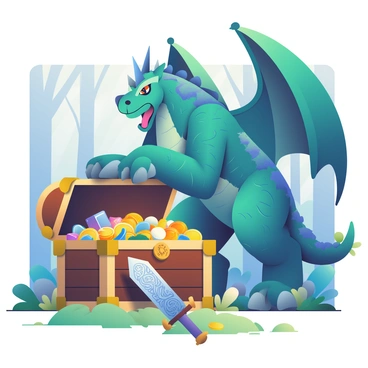 A large mythical beast with iridescent scales in shades of deep blue and emerald green is standing majestically beside a treasure chest made of aged wood and reinforced with golden accents. The chest is overflowing with gold coins, shimmering jewels, and ancient artifacts. In front of the beast, a gleaming sword with intricate designs engraved on the blade is resting on a bed of soft moss. The beast has fierce, glowing eyes and large, majestic wings folded tightly against its body, casting a shadow over the chest. The surrounding environment is a lush forest, with tall trees and dappled sunlight filtering through the leaves.