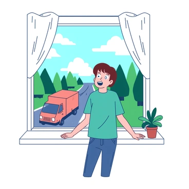 A person eagerly looking out the window, waiting for a delivery van to arrive.