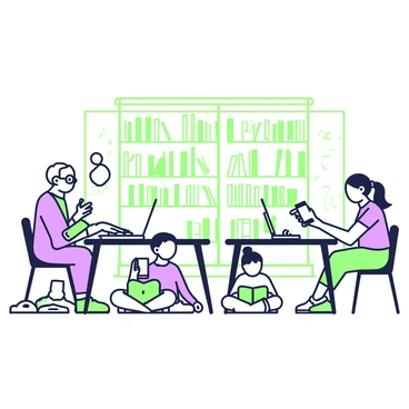 A library filled with rows of shelves stacked with books. In the foreground, a diverse group of people, including an elderly man with glasses and a young woman with a ponytail, are seated at tables, each focused intently on their individual screens. The elderly man is typing on a laptop, while the young woman is scrolling through her tablet. In the background, a couple of children are sitting cross-legged on the floor, each with a smartphone in hand, engrossed in their devices. The atmosphere is quiet, with soft lighting illuminating the space, and the faint outlines of books visible on the shelves behind them.