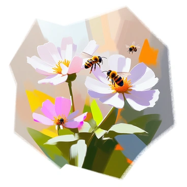 A vibrant scene depicting several bees buzzing around delicate flannel flowers, which are characterized by their soft, textured petals. The flowers are white with pink undertones, and they sway gently in the breeze. Sunlight illuminates the scene, causing the bees, with their distinctive yellow and black stripes, to glisten as they move from flower to flower. The surrounding greenery is lush, with leaves providing a rich backdrop to the colorful flowers, creating a lively and dynamic atmosphere.