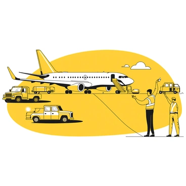 A ground crew member wearing a yellow safety vest stands at the edge of the tarmac, using hand signals to direct an airplane. The airplane is large, with visible markings on its fuselage and a distinct tail design. Several ground support vehicles, including a fuel truck and an aircraft tug, are parked nearby. The crew member is positioned in a clear stance, with one arm raised to signal the airplane to proceed forward. A second crew member with a flashlight is positioned further down the tarmac, ready to assist with the guidance. The setting is bustling with activity, showcasing an orderly airport environment.