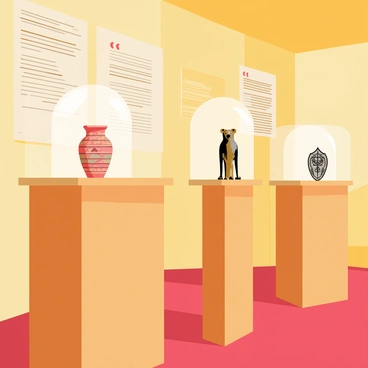 A museum exhibit featuring several ancient artifacts showcased on polished wooden display tables. Each artifact is placed under a clear protective cloche, allowing for a close view while ensuring safety. The artifacts include a small, intricately designed pottery vase with geometric patterns, a bronze statuette of an ancient deity, and a decorative metal shield with ornate engravings. The exhibit is illuminated with soft, warm lights that highlight the details of each artifact, while the walls of the museum are adorned with informational plaques describing their history.