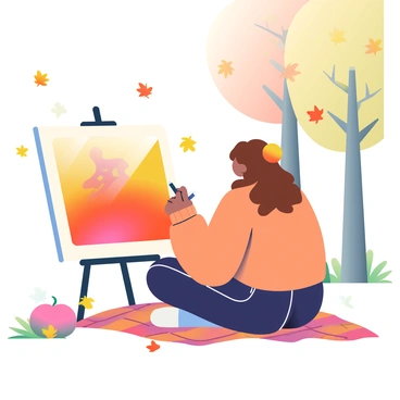 A girl with long, wavy brown hair is sitting on a cozy blanket in a park, illustrating a portrait on a digital canvas. She is wearing a light orange sweater and dark jeans. In front of her, the digital canvas displays vibrant autumn colors, with shades of red, yellow, and orange blending together in the portrait. Around her, leaves in various autumn hues are gently falling, creating a whimsical atmosphere. The background features tall trees with colorful foliage, adding to the seasonal ambiance. The girl appears focused, with a stylus in her hand, capturing the beauty of the autumn scene.