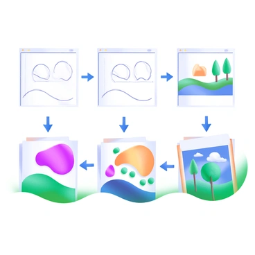 A modern pastel illustration featuring a sequence of images showing the process of creating an artwork. The first image shows a rough sketch of a landscape, with pencil lines and light shading. The second image displays the initial color application, with soft pastel shades filling in the main shapes. The third image presents refined details, including added textures to the trees and sky. The final image showcases the completed artwork, showing vibrant colors and intricate details. Each stage is labeled clearly to indicate its position in the process.