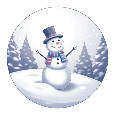 A simple round frame encircles a cheerful snowman in a snowy meadow. The snowman is built from large snowballs, featuring a carrot for a nose and a wide smile made of coal. It wears a colorful scarf and a top hat. The snowy meadow is covered in a thick layer of fresh white snow, with gentle snowflakes falling from the sky. In the background, there are a few evergreen trees dusted with snow. The scene is tranquil and captures the essence of a winter landscape.
