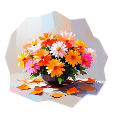 A vibrant display of autumn flowers in full bloom, featuring rich hues of orange, red, and yellow petals. The flowers, including chrysanthemums and asters, are arranged in a natural cluster. Surrounding the blossoms, there is a carpet of fallen leaves in various shades of brown and gold, creating a warm contrast. The ground is slightly textured with twigs and greenery peeking through the leaves, enhancing the seasonal atmosphere. The overall composition conveys the essence of autumnal beauty.