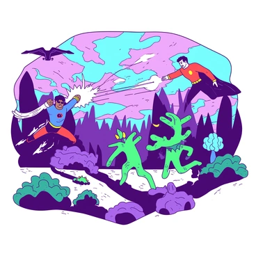 A duo of superheroes in colorful suits is engaged in a fierce battle against a group of green alien invaders on a distant planet. One superhero, wearing a blue suit, is shooting energy blasts from their hands, while the other, in a red suit, is dodging incoming attacks. Surrounding them is a landscape filled with vibrant alien flora, featuring oversized glowing plants in shades of teal and purple. The sky above is a swirling mix of colors, hinting at an otherworldly atmosphere. The alien invaders are depicted mid-action, with some flying and others on the ground preparing to charge.