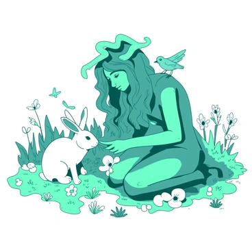 A teal Medusa with long, flowing snakes for hair is gently interacting with various animals in a white meadow filled with wildflowers. The Medusa is kneeling down, extending her hand to a curious white rabbit sniffing her fingers. Nearby, a small teal bird perches on her shoulder, chirping softly. In the background, a couple of white butterflies flutter around, adding to the tranquil atmosphere of the scene. The sunlight filters through the trees, casting soft shadows on the grass, emphasizing the peaceful interaction among the creatures.