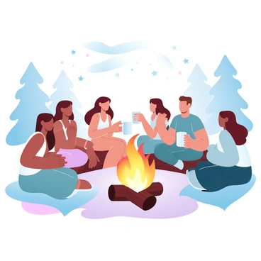 A group of friends is gathered around a campfire under a starlit sky. Bella Swan is positioned at the center, her body slightly leaning forward as she interacts with her friends. The campfire has bright flames that illuminate their faces, casting warm light and creating vibrant shadows. The friends are seated on logs and blankets, some holding mugs in their hands. There are trees in the background, and a scattering of stars can be seen above them. The overall scene conveys a sense of camaraderie and warmth.