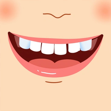 A close-up of a child's mouth featuring a big, joyful smile. The child's lips are plump and slightly pink, displaying a missing tooth prominently in the center. The surrounding skin is smooth with a hint of freckles. The smile reveals other small, white teeth, shining brightly. The corners of the mouth are turned up, indicating happiness. The background is softly blurred to focus on the cheerful expression of the child's mouth.