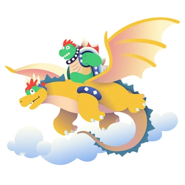 A large, imposing figure of Bowser with green skin and spiky shells is riding on the back of a majestic dragon soaring through fluffy white clouds. The dragon has shimmering golden scales and large, membranous wings stretched wide, catching the sunlight. Bowser is wearing his signature spiked collar and has a determined expression on his face. The clouds surrounding them are soft and billowy, creating a dreamy atmosphere. Below, hints of blue sky peek through the gaps in the clouds, adding depth to the scene.