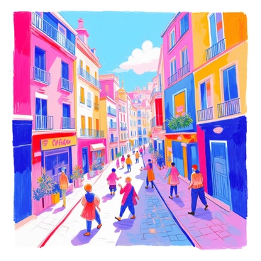 A bustling street scene is depicted with a variety of fragmented buildings showcasing different shapes and colors. The buildings have angular designs with vibrant hues like red, blue, and yellow, creating a dynamic urban landscape. Abstract figures are scattered throughout the scene, each characterized by unique colors and stylized forms, moving energetically along the street. Some figures are gesturing as they interact with one another, while others are caught in motion, adding a sense of liveliness to the environment. The ground is textured with cobblestones that complement the lively atmosphere of the street.