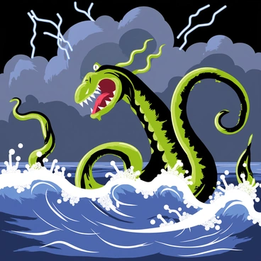 A fearsome kraken with large, writhing tentacles emerges from the ocean. Its powerful body is dark green with hints of deep blue, showcasing glistening scales. The kraken is roaring, revealing sharp teeth, while crashing waves surround it, creating frothy whitecaps. In the background, dark storm clouds roll across the sky, with bright flashes of lightning illuminating the scene. The turbulent sea is churning, reflecting the chaos of the storm above.