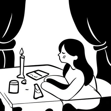 A girl sitting at a table with her arms resting on its surface, illuminated by the soft glow of a single candle. The candle casts flickering shadows around the room, creating a dramatic ambiance. The table is cluttered with scattered papers and an empty glass. The girl's long hair falls over her shoulders, and her tear-streaked cheeks are visible as she stares down at the table, deep in thought. A slight breeze rustles a curtain in the background, adding to the atmosphere.