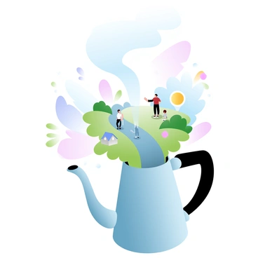 A coffee pot sits on a kitchen countertop, and from its spout, a tiny world emerges. Miniature people are walking along a winding path that circles around small hills and lush gardens. Tiny houses with colorful roofs are scattered throughout the landscape. In the background, there are small trees and flowers in vibrant colors, creating a lively scene. The coffee pot is shiny and metallic, with steam rising gently from its opening. The overall image is filled with delightful details of this miniature world.