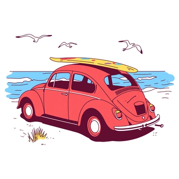 A red VW Beetle is parked on a sandy beach, with the sun shining down. The surfboard on top of the car is yellow, featuring vibrant designs. The beach stretches into the distance, with gentle waves lapping at the shore. Seagulls are flying above, and there are small tufts of grass growing in the sand near the car. The overall scene conveys a relaxed, summery vibe.