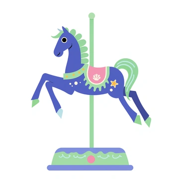 A carousel horse with a glossy finish in shades of deep blue and turquoise, resembling the ocean. The horse features flowing mane and tail, adorned with delicate seashell decorations in soft pastel hues. The saddle is intricately designed, showcasing coral patterns and small starfish embellishments. The base of the horse is decorated with waves and bubbles, creating a whimsical underwater theme. The carousel itself has a circular platform with additional ocean-themed accents, enhancing the overall marine aesthetic.
