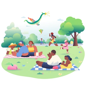 A sunny park is filled with green grass and colorful flowers. In the foreground, several families are enjoying picnics on checkered blankets. One family includes a father with light skin and a blue shirt, a mother with brown hair wearing a yellow sundress, and two children laughing as they eat sandwiches. Nearby, two children are running with bright, patterned kites soaring high in the blue sky. One kite is shaped like a dragon, gliding smoothly, while the other is a rainbow-colored diamond. In the background, trees with lush green leaves provide shade, and a walking path is visible with people strolling and enjoying the beautiful day.