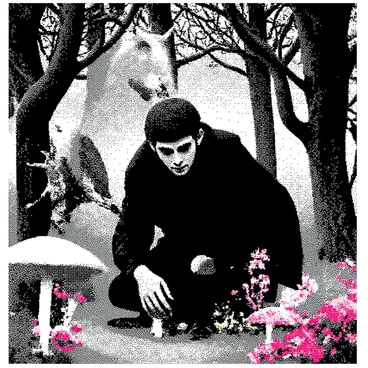 A thief with dark clothing is stealthily crouching low, attempting to move quietly through an enchanted forest. Surrounding the thief are various magical creatures, such as a graceful unicorn with a shimmering mane, a small dragon perched on a low branch, and glowing fairies flitting between the leaves. The trees are tall with twisting trunks and elaborate foliage, creating a dense canopy overhead. The forest floor is dotted with vibrant, oversized flowers and mushrooms, adding to the mystical atmosphere. The thief’s expression is focused and determined as they carefully navigate their way past the creatures without being noticed.