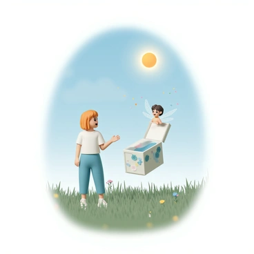 Nami meeting a friendly fairy who emerges from her illustrated box, surrounded by sparkles.