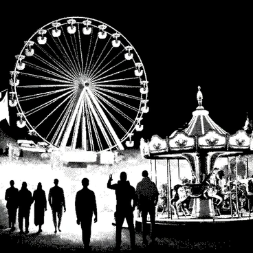 A carnival is set up at midnight, with dimly lit attractions looming in the background. The Ferris wheel towers above, its cabins swaying gently in the night air. Stalls with tattered banners display unsettling prizes, while flickering lights cast haunting shadows. Ghostly figures wander through the fog, some partially hidden behind the attractions, their features obscured. A carousel sits in the center, featuring horses with unsettling expressions, the paint chipped and peeling. Wisps of fog curl around the ground, enhancing the eerie atmosphere of the scene.