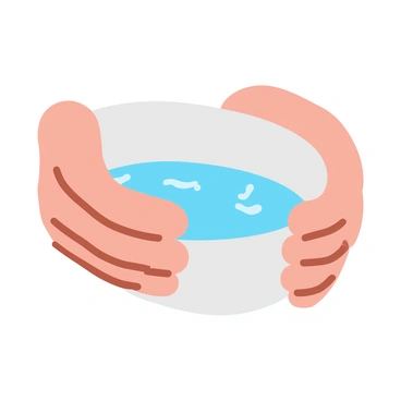 A close-up image of two cupped hands holding clear, shimmering water. The water surface reflects the sunlight, creating sparkling highlights. The hands are slightly wrinkled and show the texture of the skin. The background is softly blurred, directing focus towards the hands and the water.