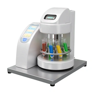 A modern laboratory centrifuge with a sleek silver body, placed on a stainless steel countertop. It features a digital control panel with illuminated buttons displaying numbers. Inside the centrifuge, several test tubes are securely held in place, each containing various liquids of different colors, such as red, blue, yellow, and green. The centrifuge is spinning at high speed, creating a blur effect around the test tubes. Bright overhead lights illuminate the scene, casting reflections on the metal surface.