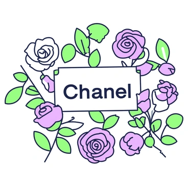 A collection of stickers is displayed on a light surface. The stickers feature different designs of roses, each distinct in shape and size. Some roses have intricate petals, while others are more abstract in form. Among the floral designs, there is a sticker showcasing the "Chanel" logo in a bold font, placed prominently. The roses are arranged artistically around the logo, creating a balanced and decorative composition. Each sticker has a defined outline, emphasizing their shapes against the background.