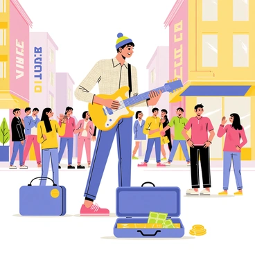 A busker with a colorful beanie and a plaid shirt is playing an electric guitar on a busy city street corner. The busker is surrounded by a small crowd of people, some clapping and others dancing to the music. The busy street features tall buildings in the background, with large storefronts and vibrant signs. A couple of passersby are stopping to listen, while a few children are watching in awe. A guitar case open on the ground collects coins and bills, reflecting the energy of the lively scene.