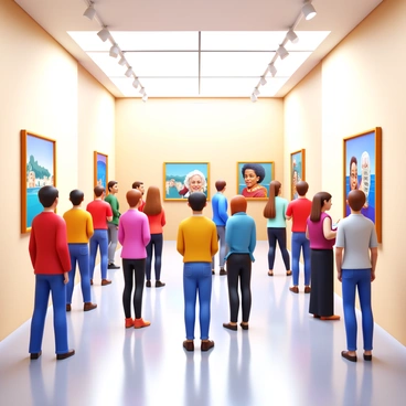 A spacious art gallery interior filled with soft lighting. The walls are adorned with vibrant illustrations in various colors. People of diverse backgrounds and styles are standing in groups, looking at the artwork with expressions of interest. Some individuals are taking notes, while others engage in animated discussions. The floor is polished, reflecting the artwork and the ambient light. There are small clusters of people near each piece, creating a lively atmosphere.