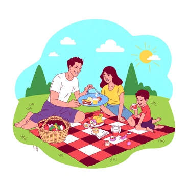 A happy family is sitting on a red and white checkered picnic blanket spread across the green grass of a sunny park. The family consists of four members: a father, a mother, a boy, and a girl. The father is smiling while holding a blue plate filled with various fruits. The mother is pouring orange juice into plastic cups for the children. The boy is laughing and reaching for a sandwich, while the girl is sitting next to him, playing with a pink toy. Nearby, there is a wicker basket filled with colorful snacks and a small white cake resting on the blanket. Above them, the sun shines brightly in a clear blue sky, and a few fluffy white clouds can be seen.