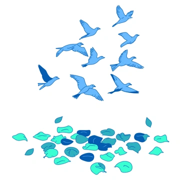 A blue flock of birds is flying in a V formation across a white sky. The birds are various sizes, with some flapping their wings energetically while others glide gracefully. Below them, a layer of teal fallen leaves drifts gently in the wind. The leaves are scattered across the ground, creating a textured carpet of color that contrasts with the vibrant blue of the birds above. Some of the leaves are in mid-air, caught in the breeze around the birds.