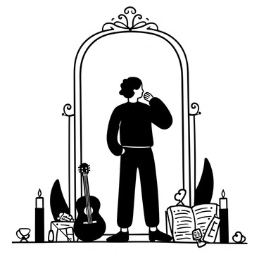An emo individual with dark clothing standing in front of a large, ornate mirror. The mirror's surface reflects their body posture but not any facial features. Surrounding the mirror are various mementos of their journey, including a worn guitar, scattered photographs, and a journal open to a page filled with handwritten notes. A few candles are placed on either side of the mirror, casting soft shadows. The atmosphere is filled with an air of introspection.