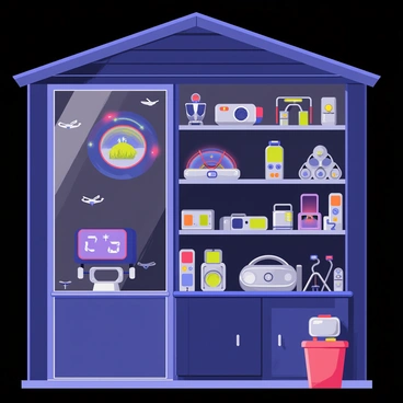 A small shop with a wooden exterior and a glass door. Inside, there are shelves filled with a variety of futuristic gadgets, each glowing softly with vibrant colors. There are small drones hovering near the ceiling, a holographic projector on the counter displaying a floating 3D image, and metallic compact robots arranged neatly on the shelves. A large digital clock on the wall shows the time in a unique futuristic format. Various gadgets have screens displaying colorful icons and symbols, creating a lively atmosphere. The shop is dimly lit, enhancing the mysterious feel of the environment.