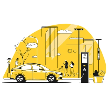 An electric car parked beside a charging station in a modern city plaza. The car is sleek in design, with clean lines and a compact shape. The charging station features a digital screen displaying the charging status. Surrounding the plaza are contemporary buildings with large glass windows and greenery integrated into the architecture. People are walking in the background, some are seated on benches, and a few are using their smartphones. Streetlights with a minimalist design illuminate the plaza, contributing to a vibrant atmosphere.